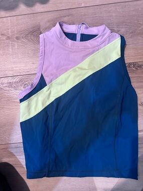 Sweaty Betty navy, pastel pink and light yellow colorblock high-neck tank